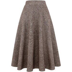 Womens Long Coffee Elastic Waist A-Line Pleated Tartan Long Plaid Wool Skirts